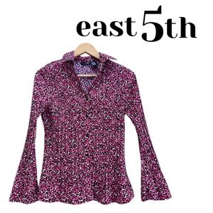 EAST 5TH Bell Sleeve Button Down Top Pleated Pink Black Ovals Stretch Petite M